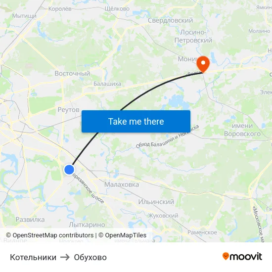 Котельники to Обухово map