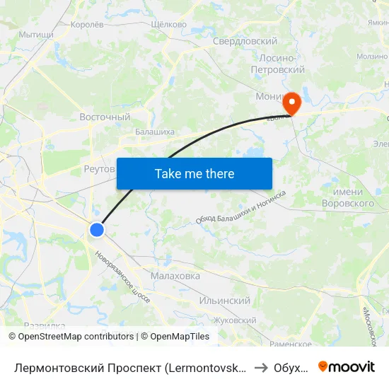 Лермонтовский Проспект (Lermontovsky Prospekt) to Обухово map