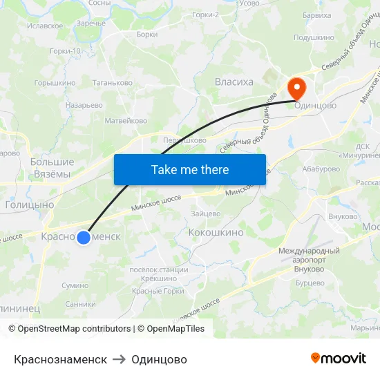 Краснознаменск to Одинцово map