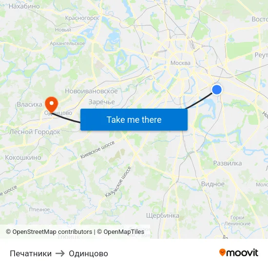 Печатники to Одинцово map