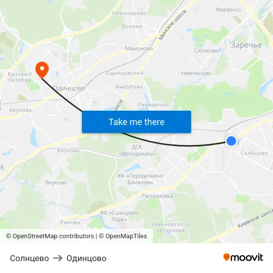 Солнцево to Одинцово map