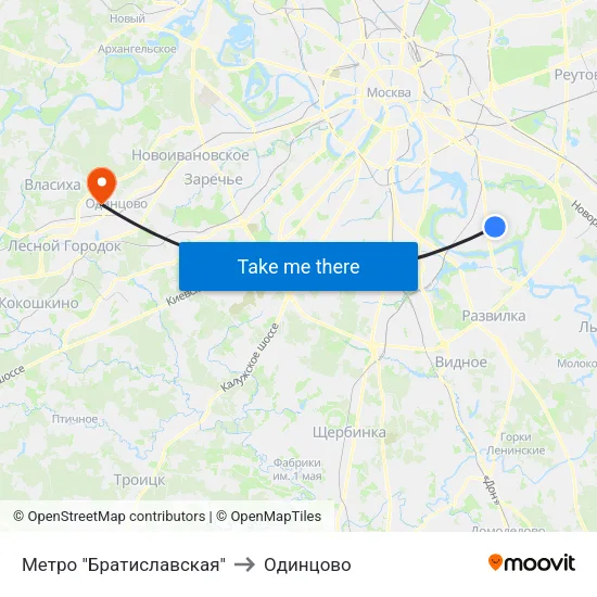 Метро "Братиславская" to Одинцово map