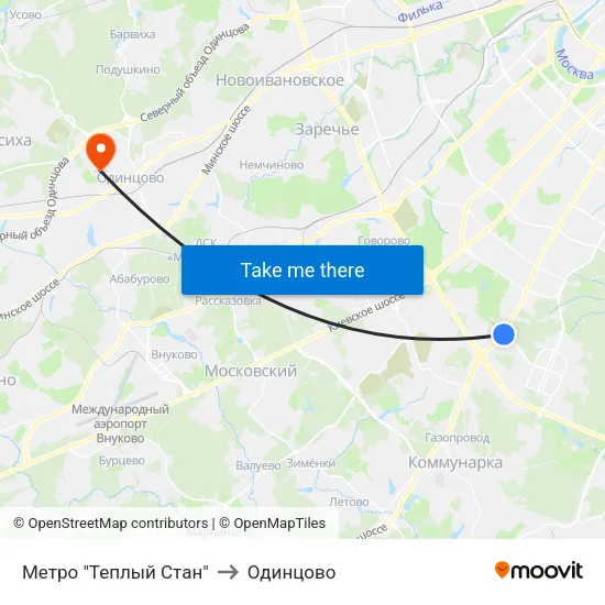 Метро "Теплый Стан" to Одинцово map