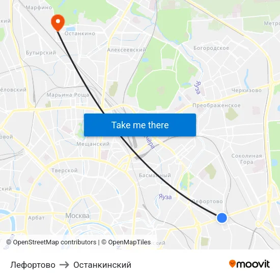 Лефортово to Останкинский map