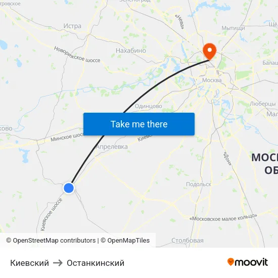 Киевский to Останкинский map