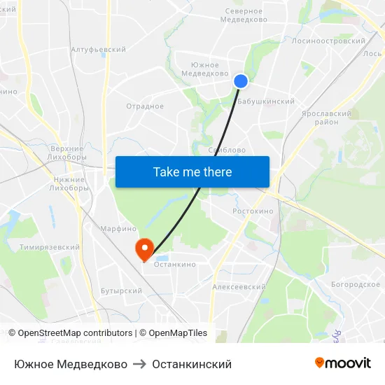 Южное Медведково to Останкинский map