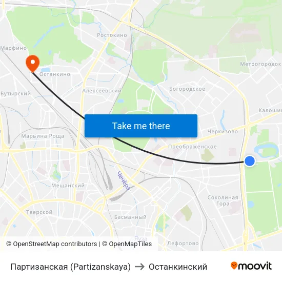 Партизанская (Partizanskaya) to Останкинский map
