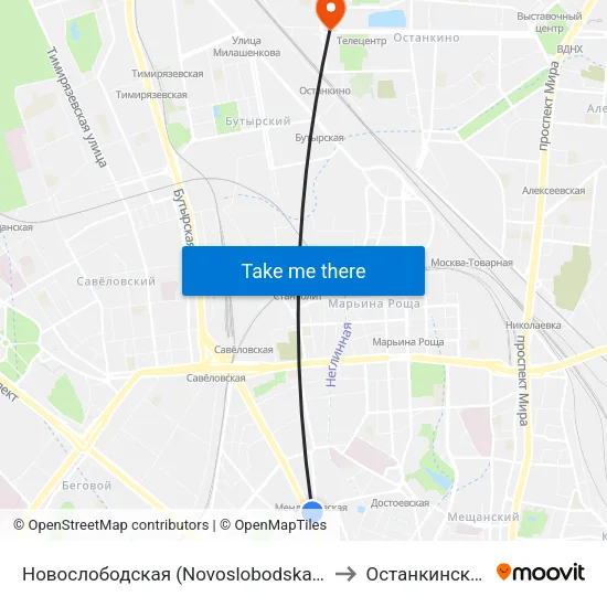 Новослободская (Novoslobodskaya) to Останкинский map