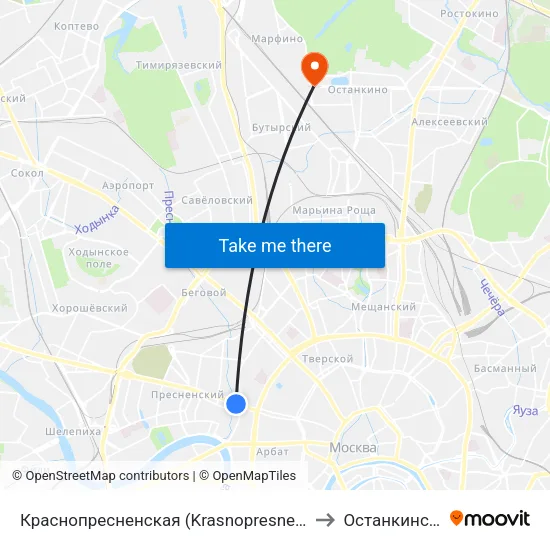 Краснопресненская (Krasnopresnenskaya) to Останкинский map