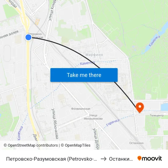Петровско-Разумовская (Petrovsko-Razumovskaya) to Останкинский map