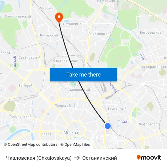 Чкаловская (Chkalovskaya) to Останкинский map