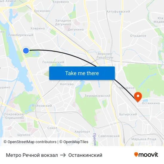 Метро Речной вокзал to Останкинский map