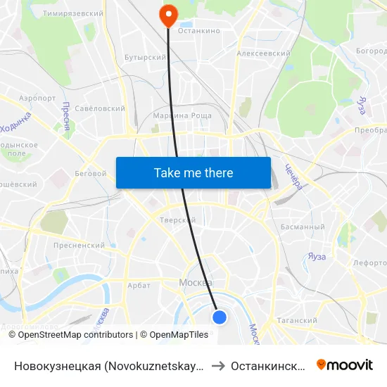 Новокузнецкая (Novokuznetskaya) to Останкинский map