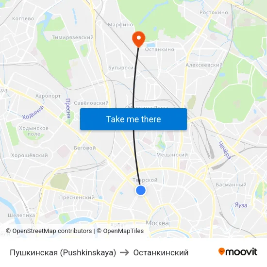 Пушкинская (Pushkinskaya) to Останкинский map