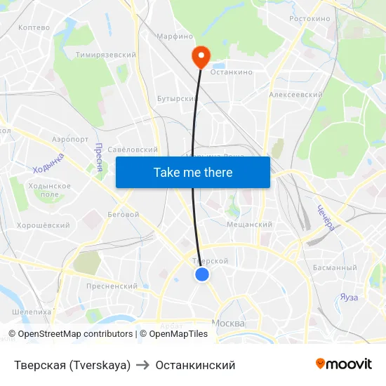 Тверская (Tverskaya) to Останкинский map