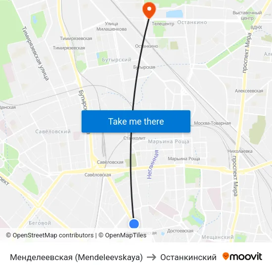 Менделеевская (Mendeleevskaya) to Останкинский map