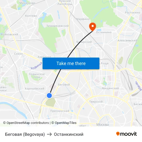 Беговая (Begovaya) to Останкинский map
