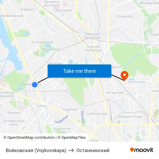 Войковская (Voykovskaya) to Останкинский map