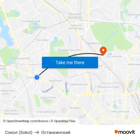 Сокол (Sokol) to Останкинский map