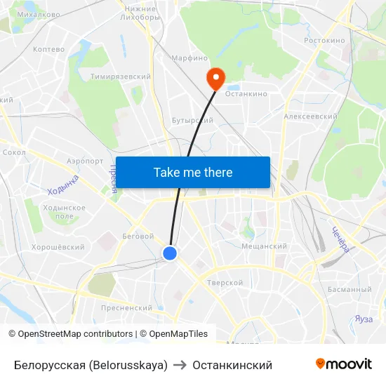 Белорусская (Belorusskaya) to Останкинский map
