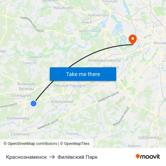 Краснознаменск to Филёвский Парк map