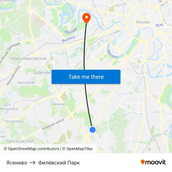 Ясенево to Филёвский Парк map