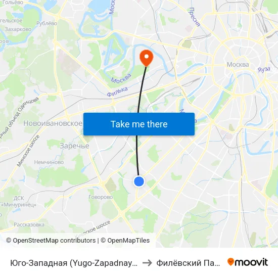 Юго-Западная (Yugo-Zapadnaya) to Филёвский Парк map