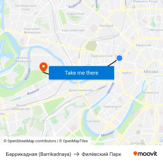 Баррикадная (Barrikadnaya) to Филёвский Парк map