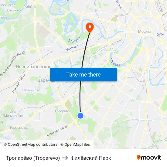 Тропарёво (Troparevo) to Филёвский Парк map