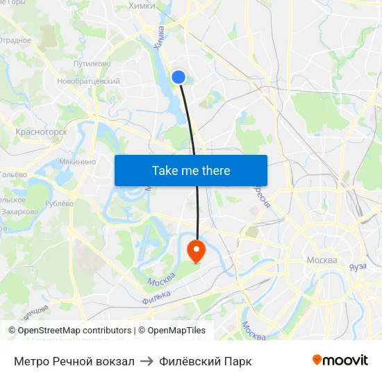 Метро Речной вокзал to Филёвский Парк map