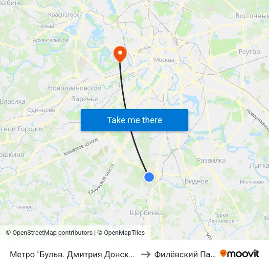 Метро "Бульв. Дмитрия Донского" to Филёвский Парк map