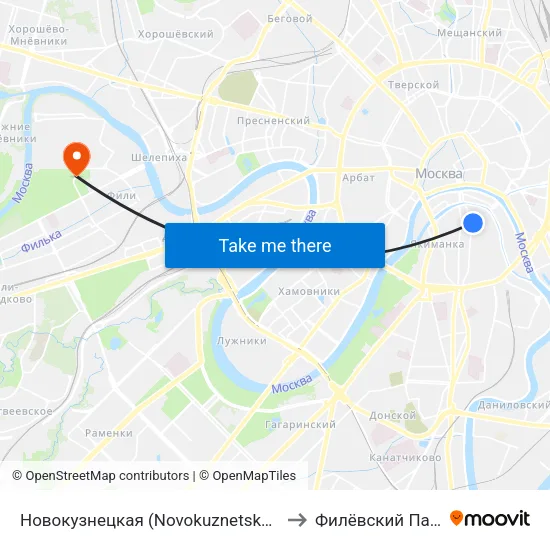 Новокузнецкая (Novokuznetskaya) to Филёвский Парк map