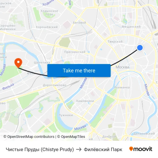 Чистые Пруды (Chistye Prudy) to Филёвский Парк map
