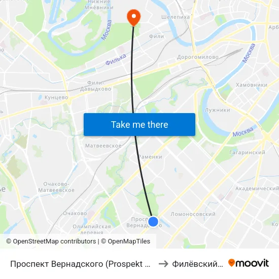 Проспект Вернадского (Prospekt Vernadskogo) to Филёвский Парк map