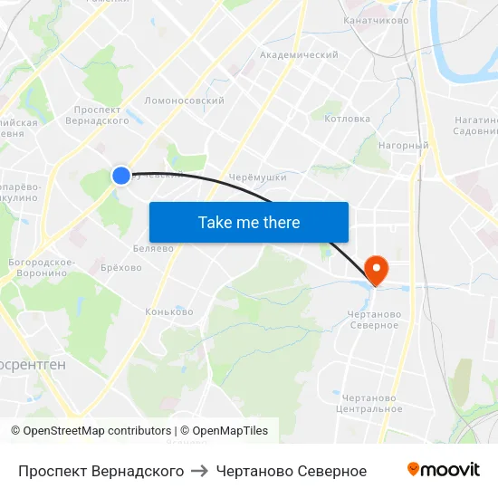 Проспект Вернадского to Чертаново Северное map