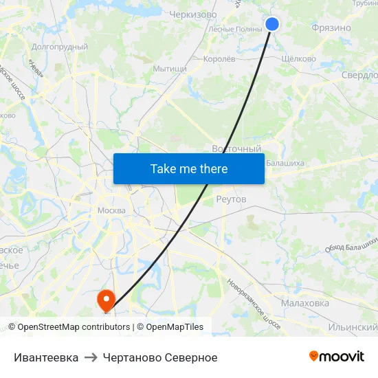 Ивантеевка to Чертаново Северное map