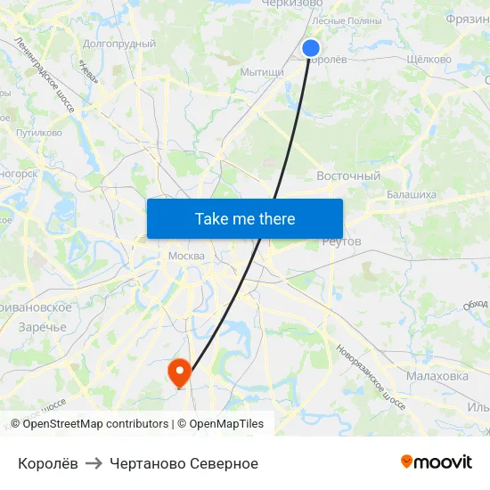 Королёв to Чертаново Северное map