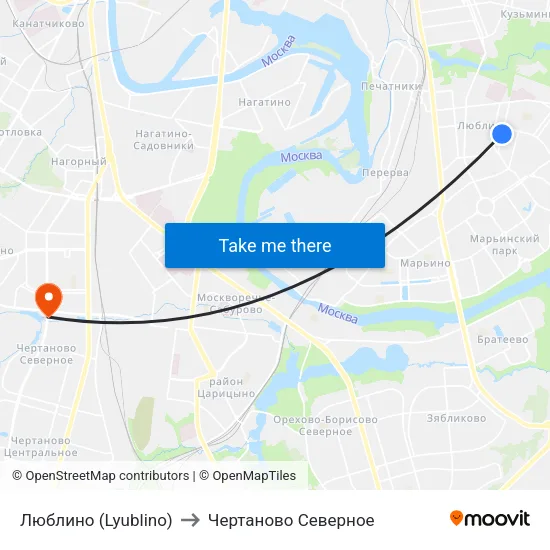 Люблино (Lyublino) to Чертаново Северное map