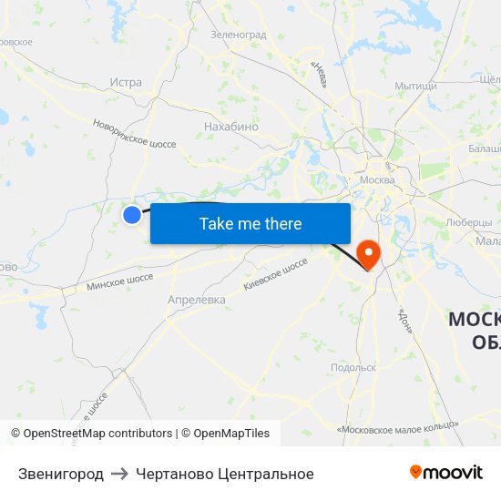 Звенигород to Чертаново Центральное map