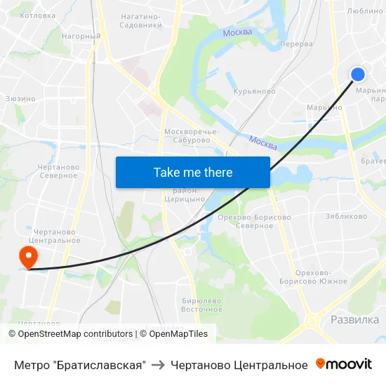 Метро "Братиславская" to Чертаново Центральное map