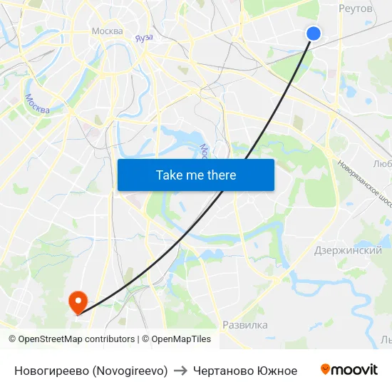 Новогиреево (Novogireevo) to Чертаново Южное map