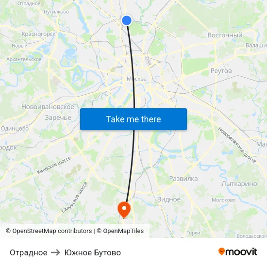 Отрадное to Южное Бутово map