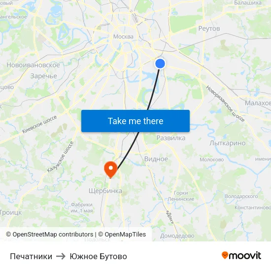 Печатники to Южное Бутово map