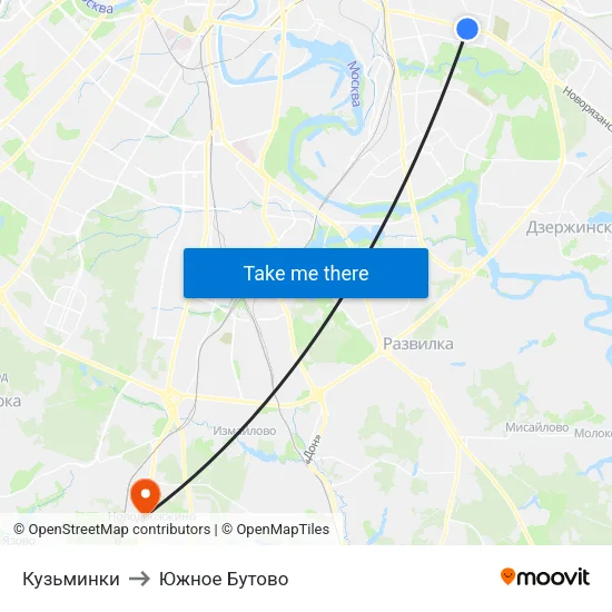 Кузьминки to Южное Бутово map