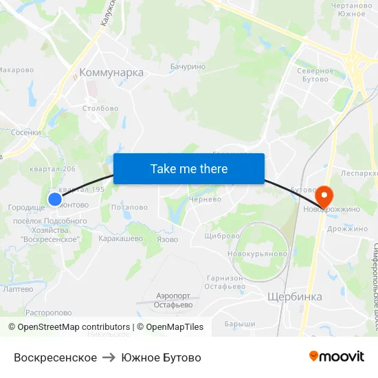 Воскресенское to Южное Бутово map