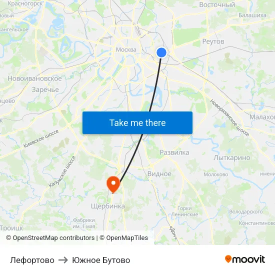 Лефортово to Южное Бутово map