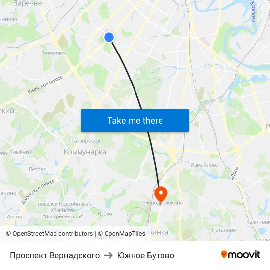 Проспект Вернадского to Южное Бутово map