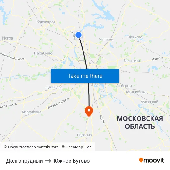Долгопрудный to Южное Бутово map
