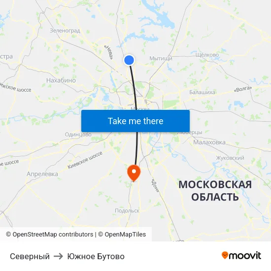 Северный to Южное Бутово map