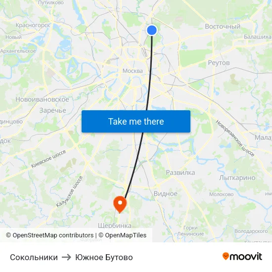 Сокольники to Южное Бутово map